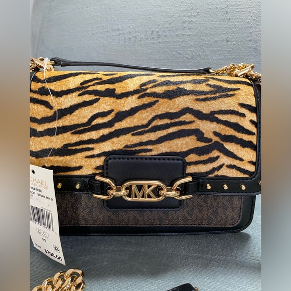 NWT Michael Kors, Heather Brown, multi tiger and leather gold Crossbody bag $398 - Picture 6 of 17